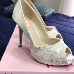 Pink Paradox London white satin heels